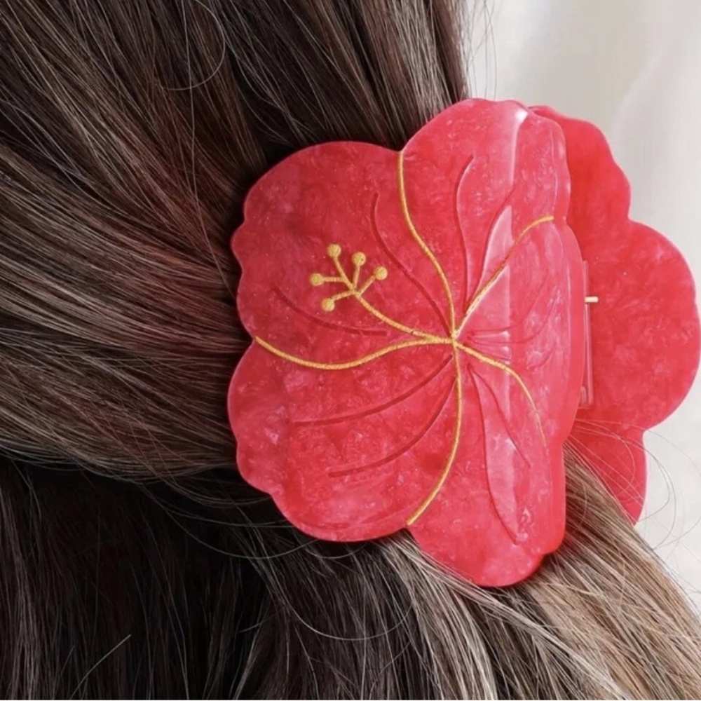 Red Pearl, Gold & Rhinestone Floral Hair Clip, New, Stunning